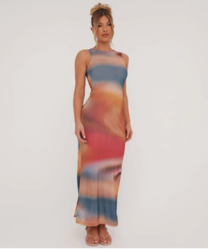 high neck sleeveless multi colour maxi dress