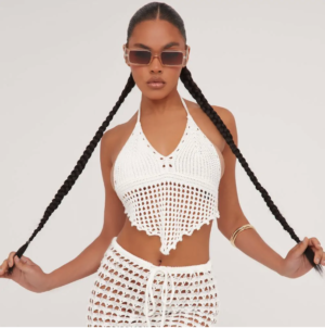 halterneck dipped hem crochet crop top