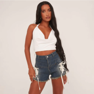 lace up side detail demin shorts