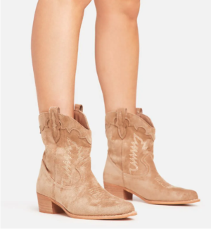 CALVIN EMBROIDERED DETAIL POINTED TOE WESTERN COWBOY ANKLE BOOT IN BEIGE FAUX SUEDE