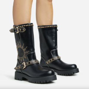 faux leather black biker boot with sun detail studs