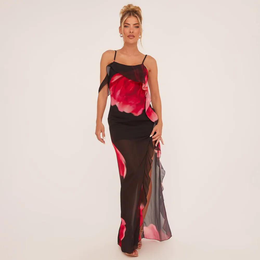 frilly black maxi dress with red flowers 