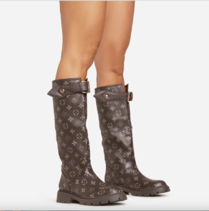 printed logo brown faux leather mid calf wellington boots