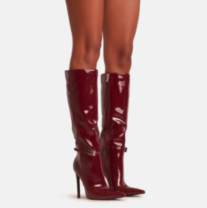 Burgundy knee length leather pointed boot