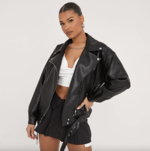 Zip Belt Detail Oversized Biker Jacket In Black Faux Leather