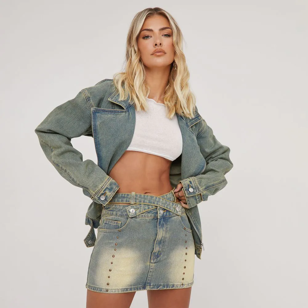 Strappy Waist Studded Detail Mini Skirt In Blue Vintage Washed Denim