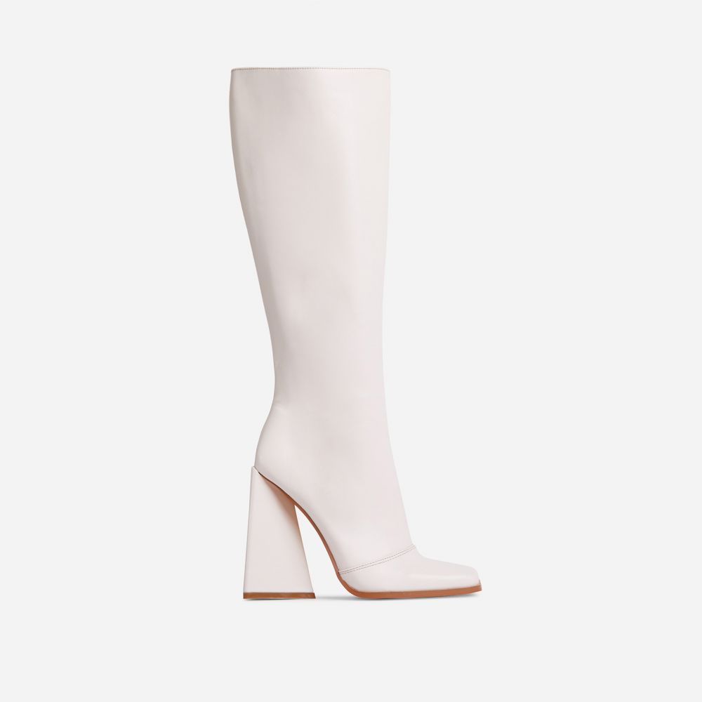 cream block heel knee high boots