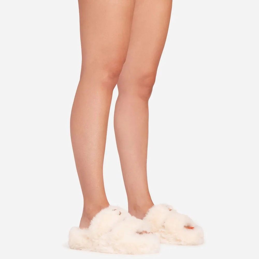 Stass Logo Detail Double Strap Flat Slipper In Cream Faux Fur