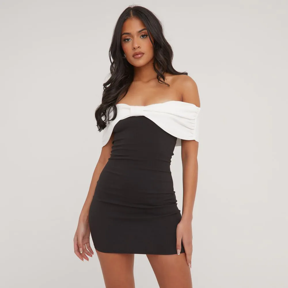 Bardot Contrast Bow Detail Mini Bodycon Dress In Black