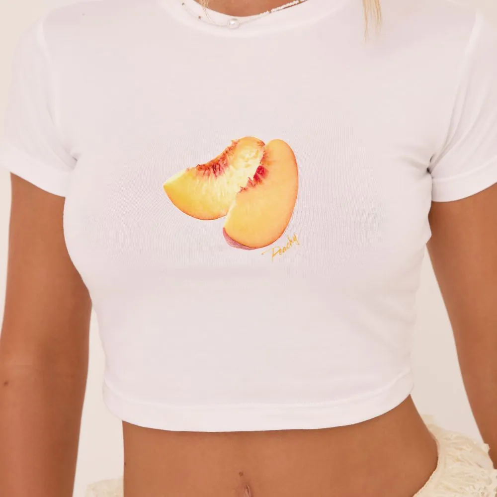 Short Sleeve Peach Graphic Cropped Fitted T-Shirt In White