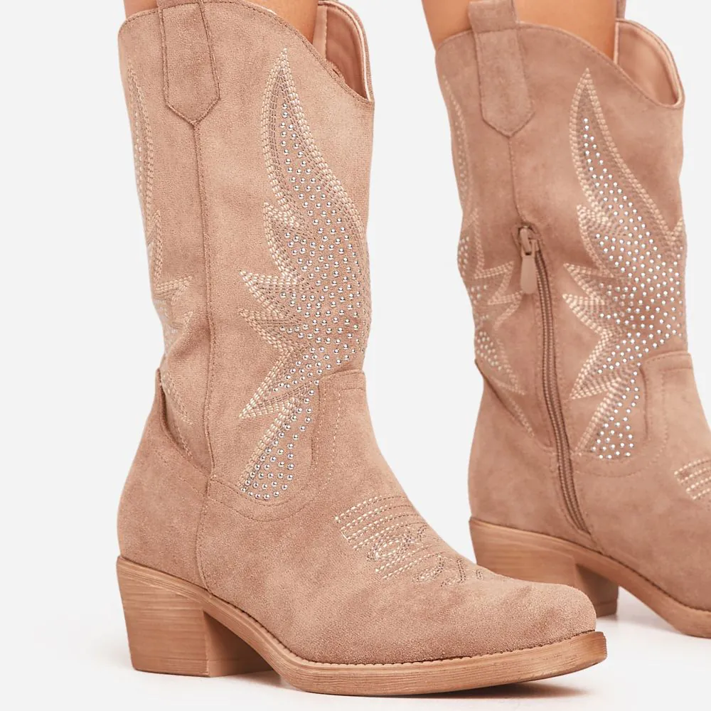 Rambler Diamante Embroidered Detail Mid Calf Western Cowboy Boot In Beige Faux Suede