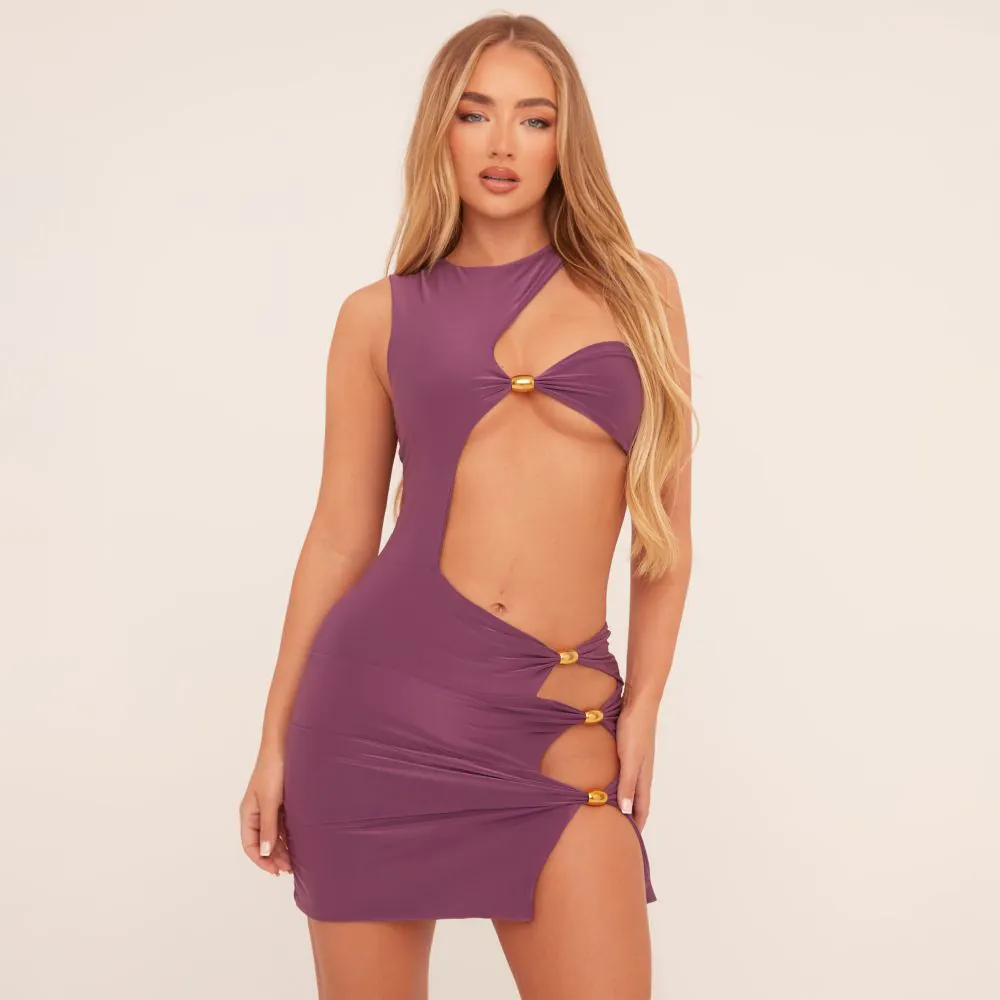 Extreme Cut Out Beaded Detail Split Leg Mini Bodycon Dress In Plum