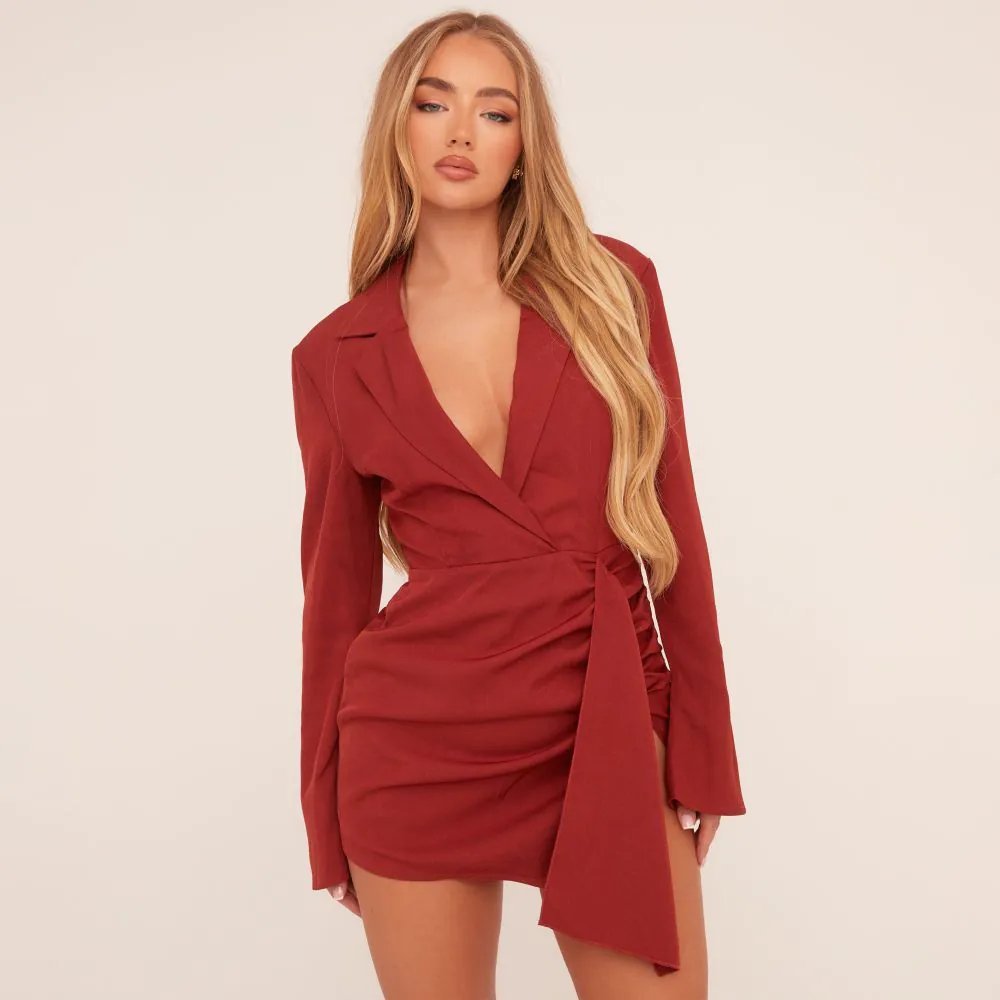 Long Sleeve Plunge Ruched Drape Detail Blazer Dress In Red Woven