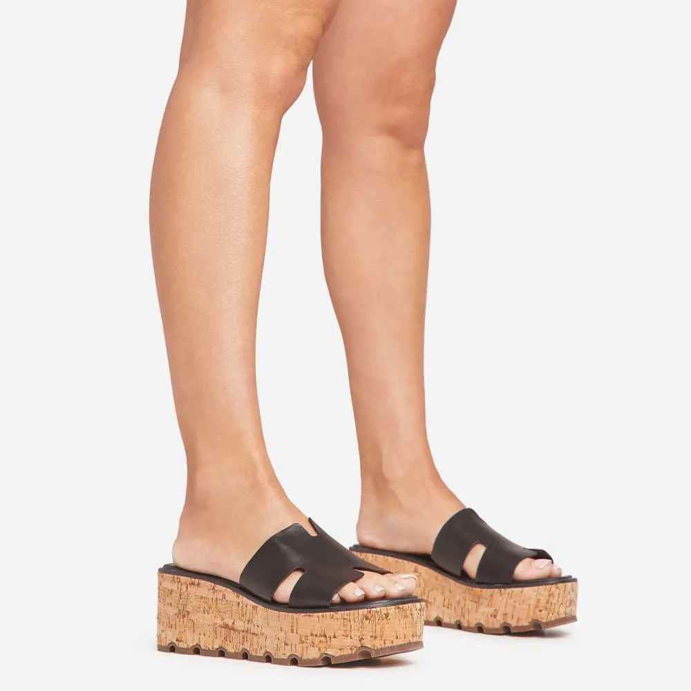 Mango Caged Strap Platform Cork Wedge Mule In Black Faux Leather