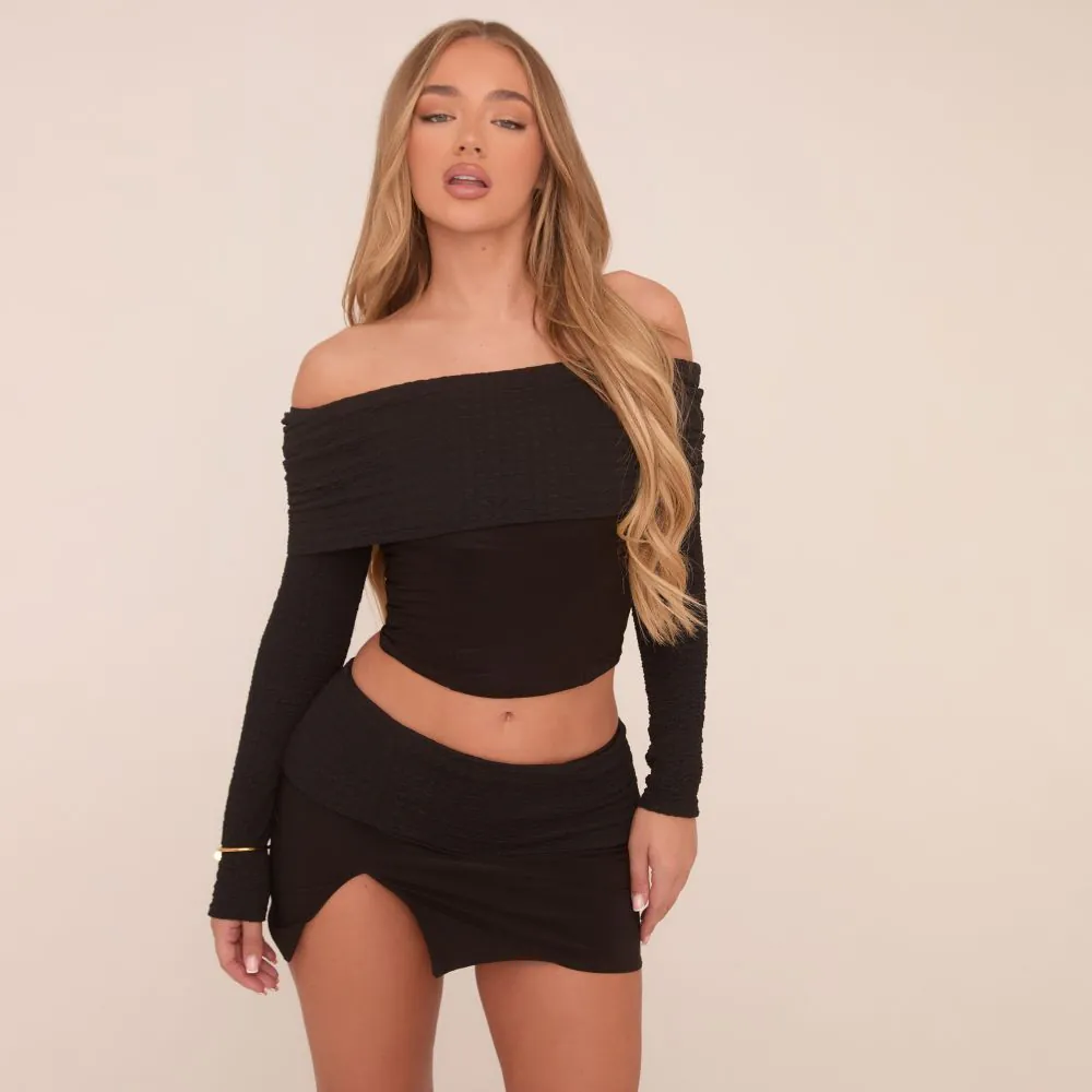 Fold Over Bardot Top In Black Texture