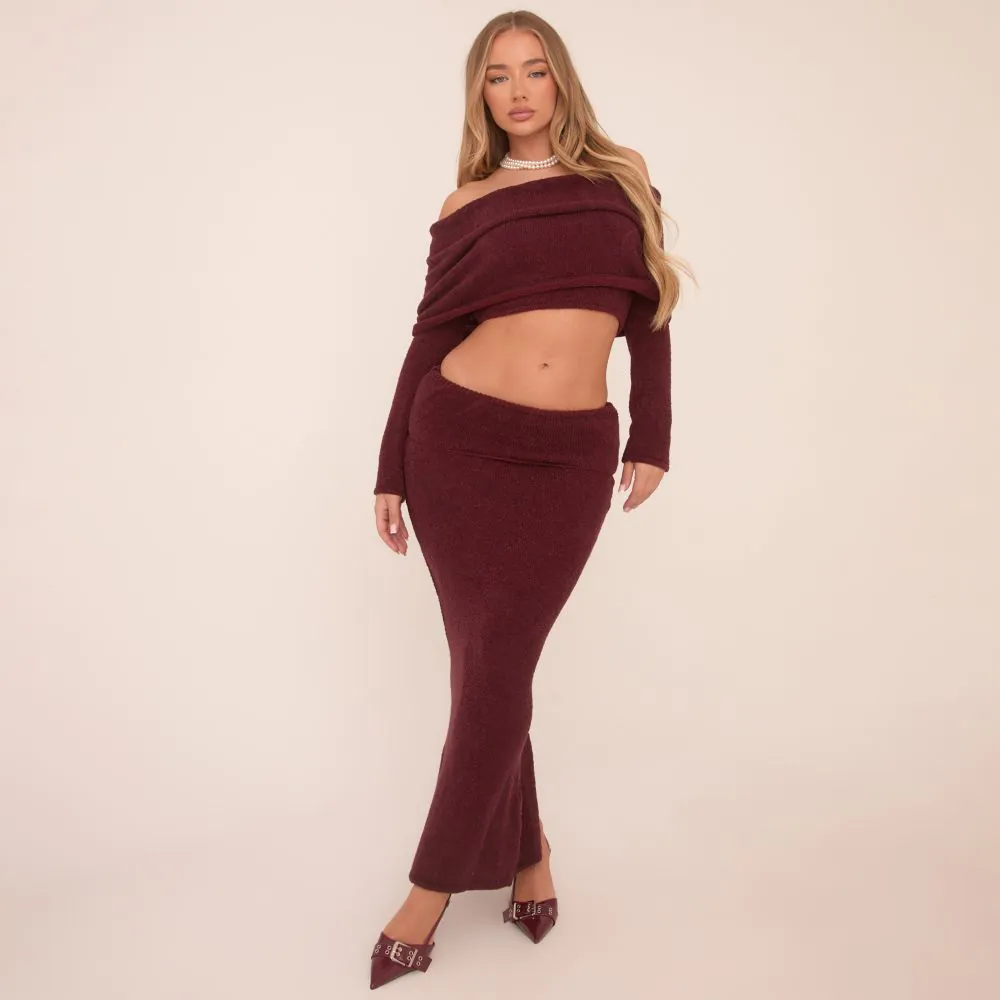 Mid Rise Fold Over Maxi Skirt In Plum Knit