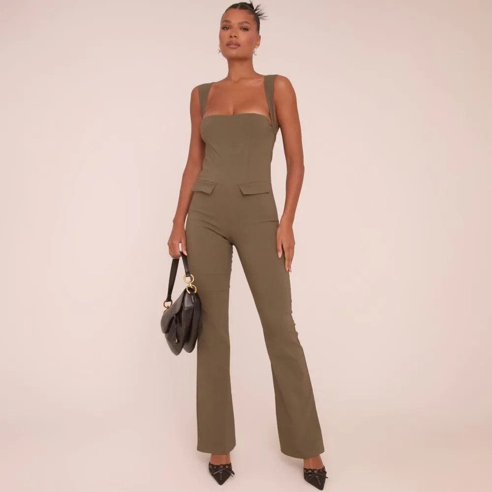 Square Neck Tailored Flared Jumpsuit In Khaki Green Woven