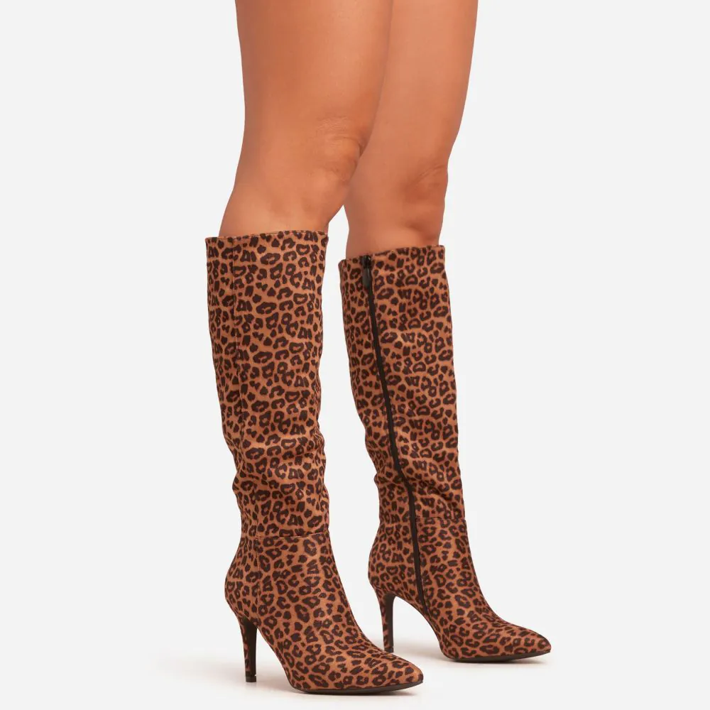 Avery Pointed Toe Stiletto Heel Knee High Long Boot In Leopard Print Faux Suede