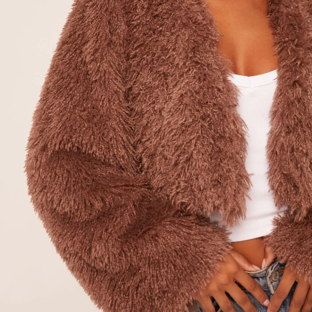 Collarless Cropped Fluffy Coat In Faux Fur Brown