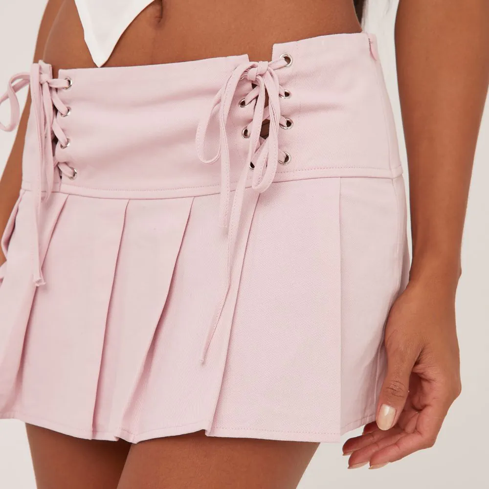 Low Rise Lace Up Detail Pleated Mini Skirt In Light Pink