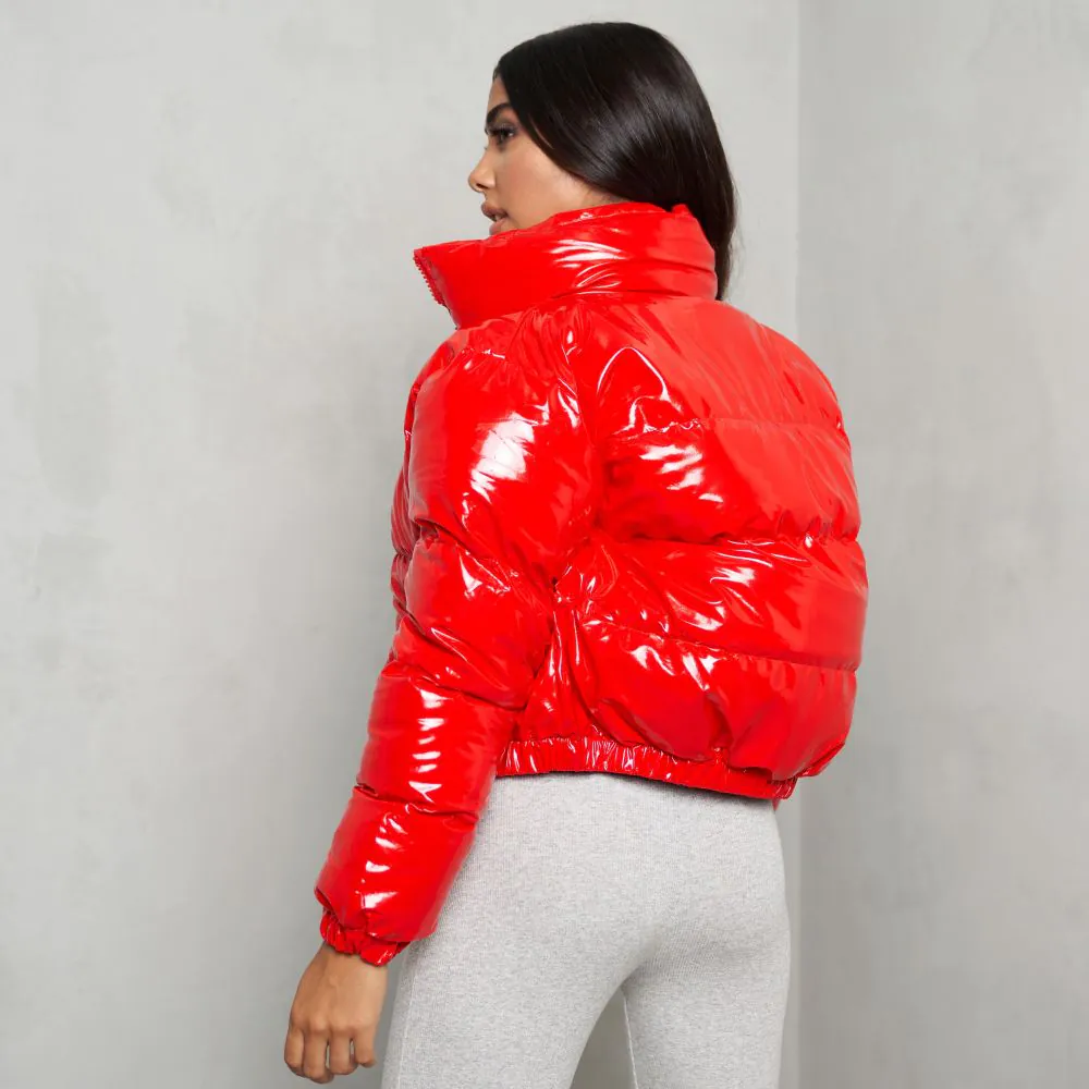 red patent puffer coat