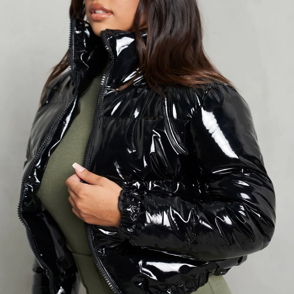 patent leather cropped puffer jacket