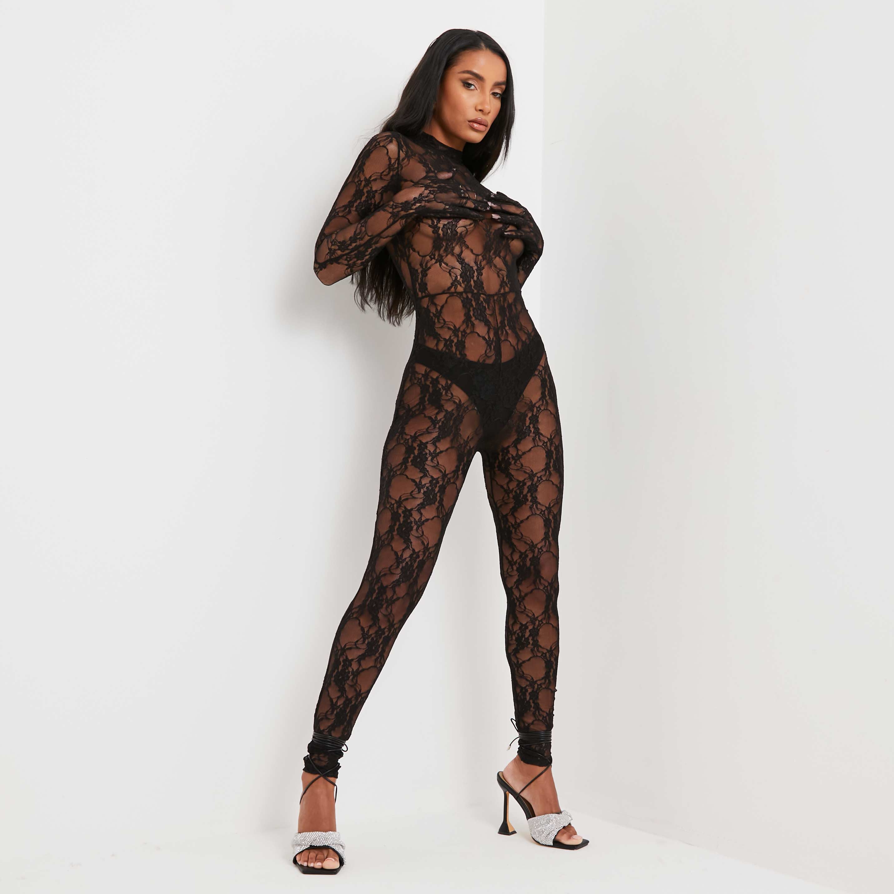 High Neck Long Sleeve Glove Jumpsuit In Black Lace | EGO